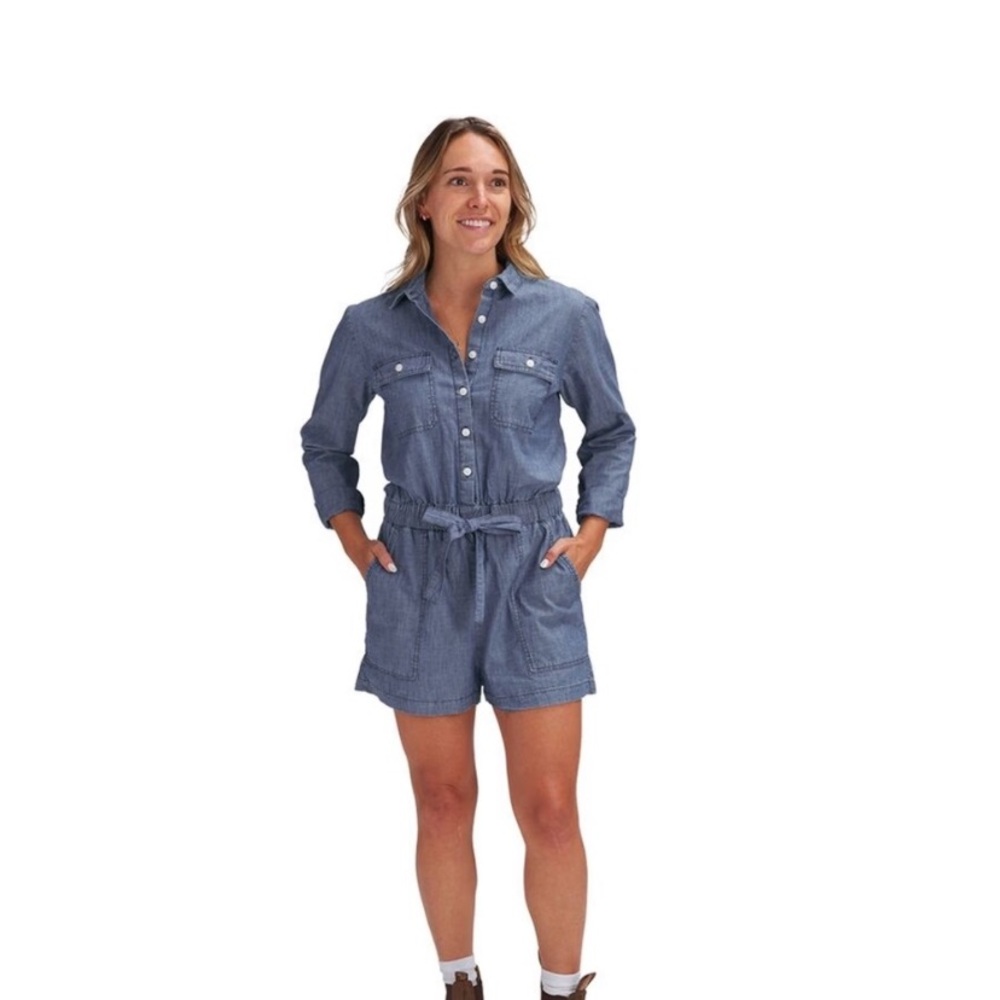 NWT Outerknown Benson Women M Chambray Denim Button-Up Romper Tie Waist Jumpsuit